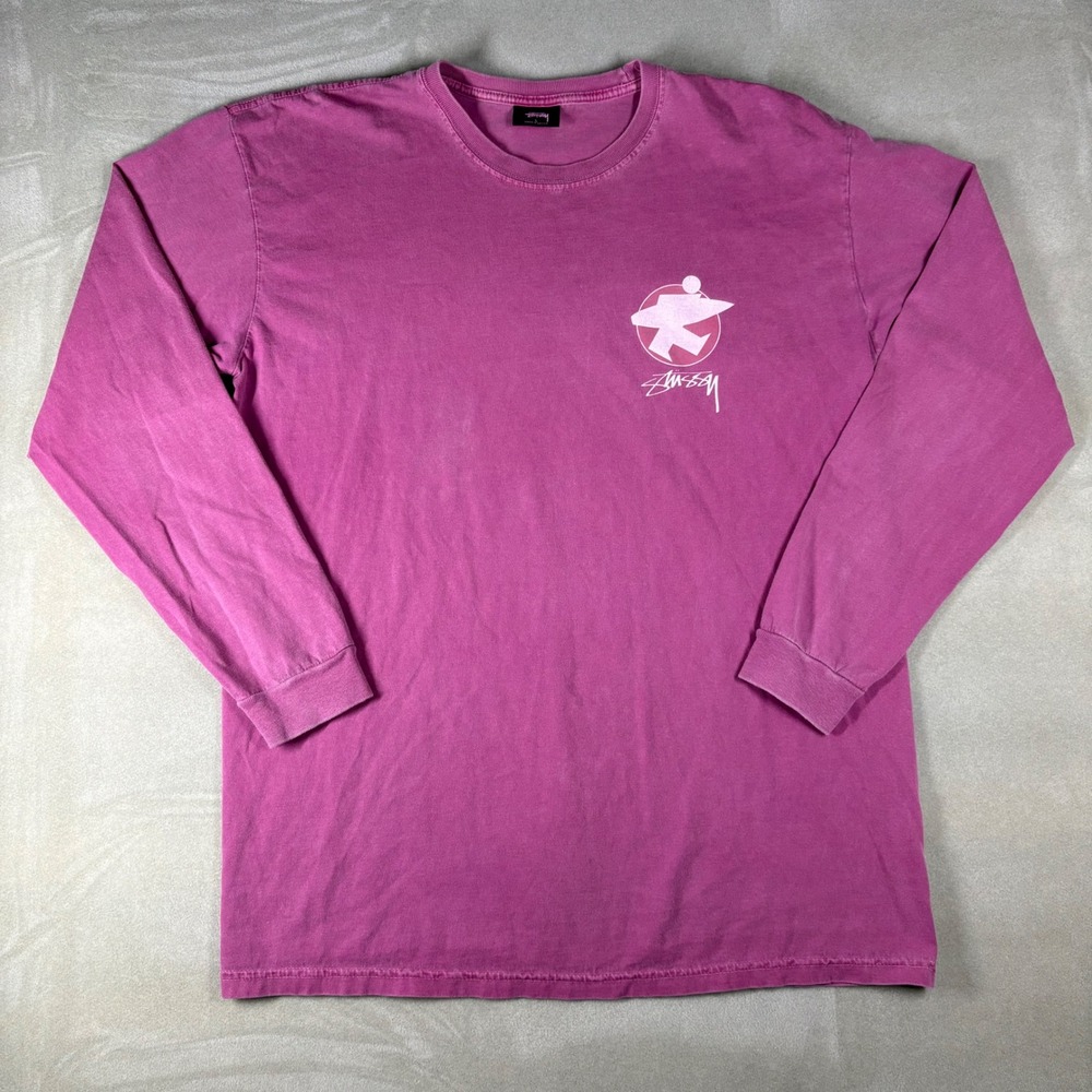 Stussy Mens Long Sleeve Graphic‎ T-Shirt Magenta Pink Cotton Streetwear Large